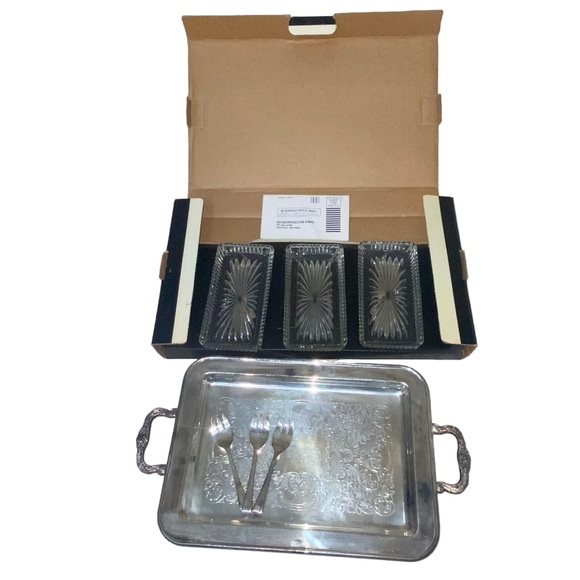 Vtg Leonard 7pc Silverplate Relish Serving Tray Glass Dishes Forks MIB - Picture 12 of 16